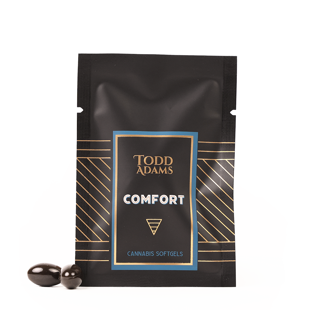 Todd Adams Comfort Broad-Spectrum CBD Softgels – formulated for calming relief and relaxation.