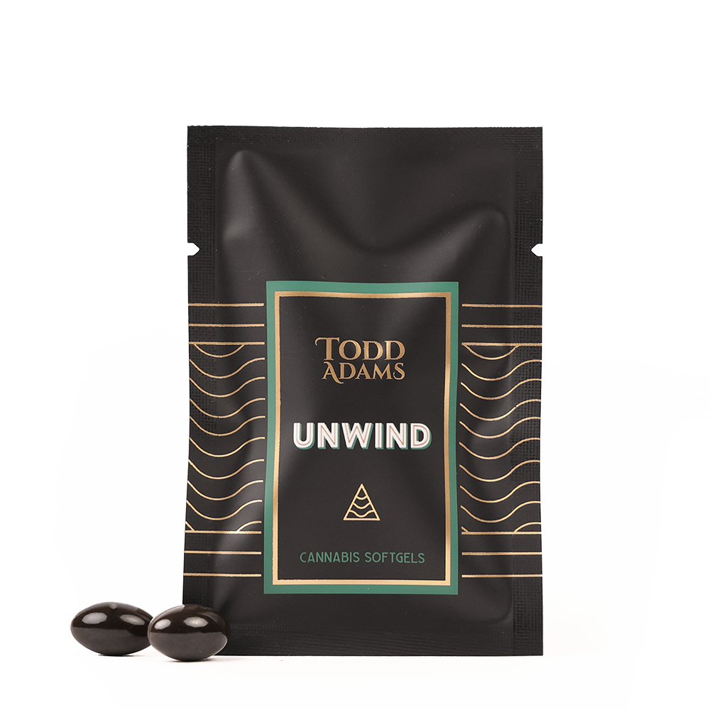 Todd Adams Unwind Broad-Spectrum CBD Softgels – crafted to ease tension and support tranquility.