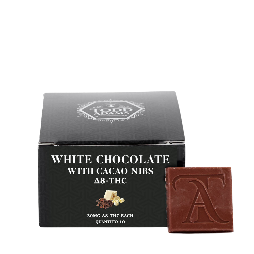 Todd Adams Delta-8 White Chocolate with Cacao Nibs – 30mg D8-THC each, box of 10