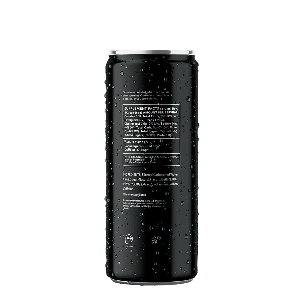 Todd Adams Spiced Cola branding with “Art of Wellbeing” mission, QR code, and full disclaimer on sleek black can.