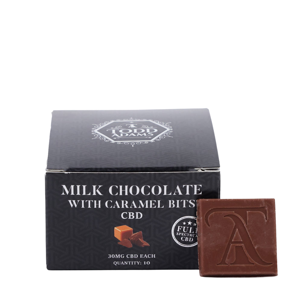 Todd Adams Milk Chocolate CBD Squares with Caramel Bits – 30MG Full Spectrum CBD per piece, box of 10