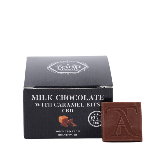 Todd Adams Milk Chocolate CBD Squares with Caramel Bits – 30MG Full Spectrum CBD per piece, box of 10