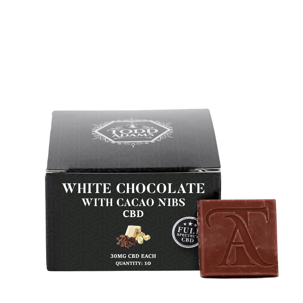 Todd Adams White Chocolate CBD Squares with Cacao Nibs – 30MG Full Spectrum CBD per piece, box of 10