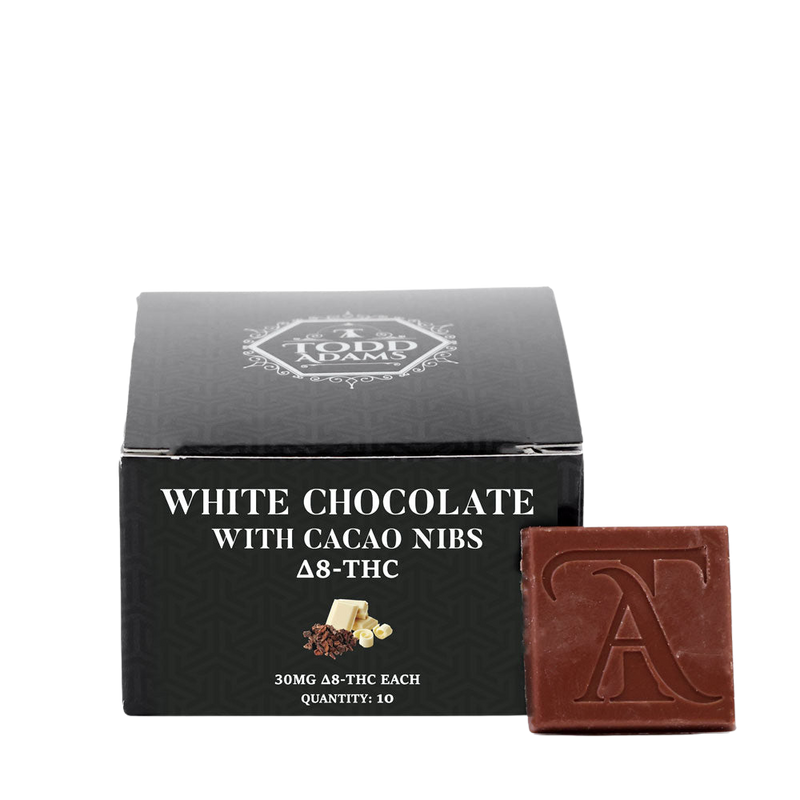Todd Adams Delta-8 White Chocolate with Cacao Nibs – 30mg D8-THC each, box of 10