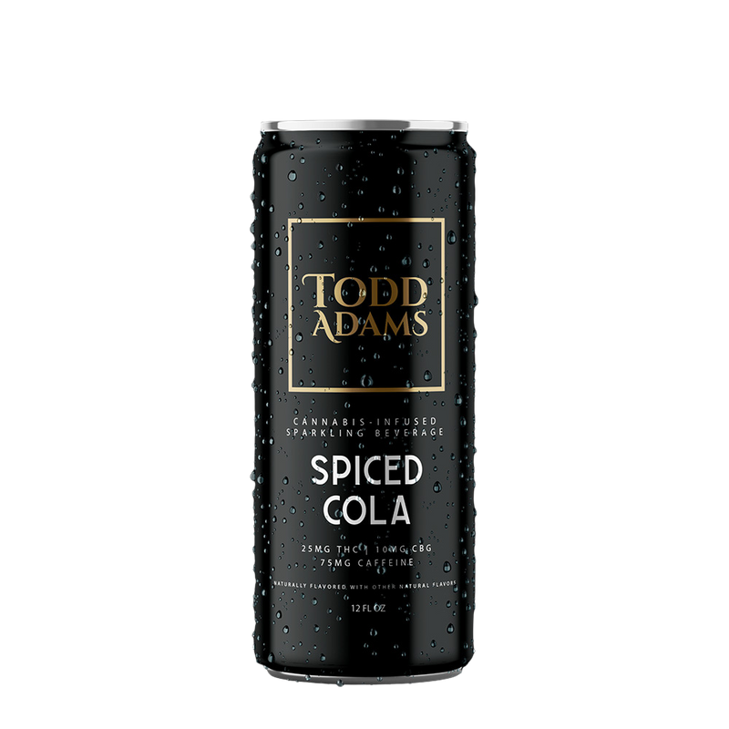 Todd Adams Spiced Cola 12oz cannabis-infused sparkling beverage with 25mg THC, 10mg CBG, and 75mg caffeine in premium black can.