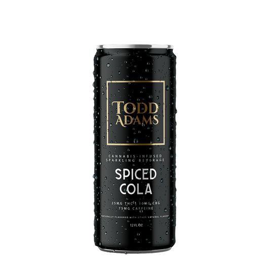 Todd Adams Spiced Cola 12oz cannabis-infused sparkling beverage with 25mg THC, 10mg CBG, and 75mg caffeine in premium black can.